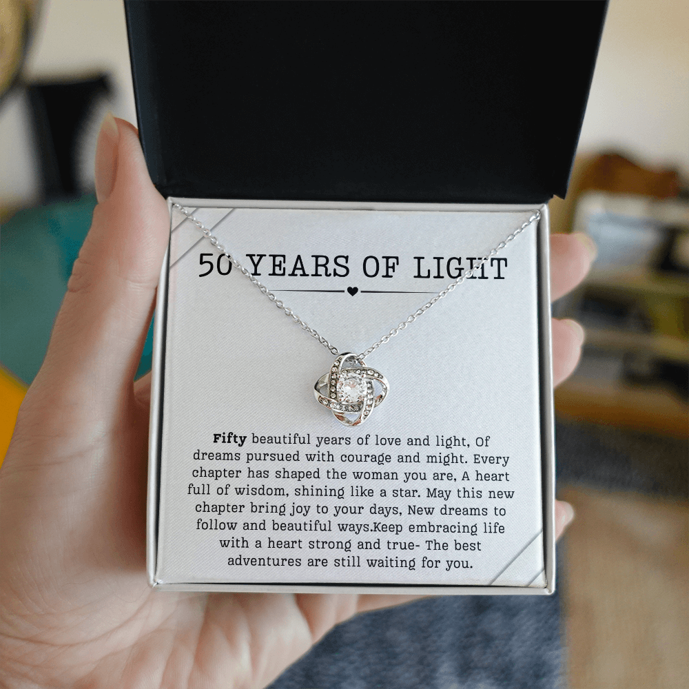 50th Birthday Necklace, Turning 50 Jewelry, Milestone Fifty Birthday Gift Love Knot Present