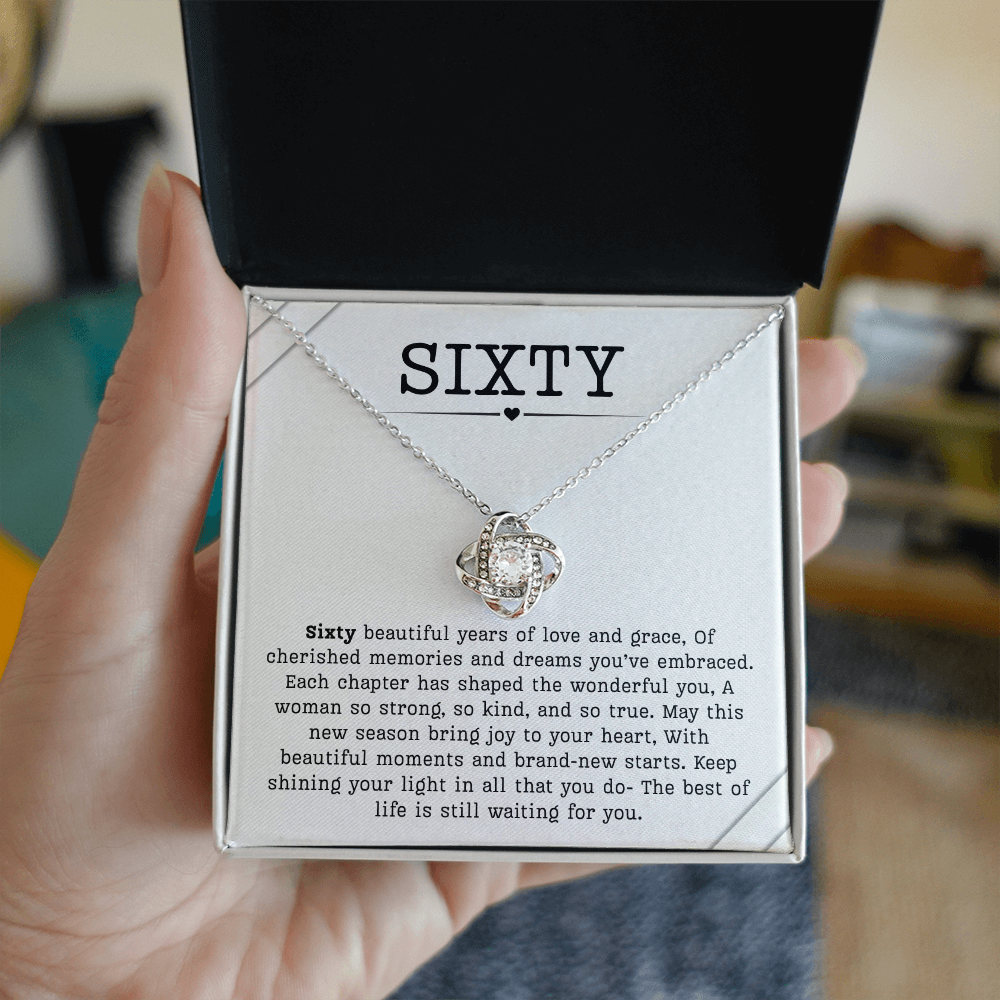 60th Birthday Necklace, Turning 60 Jewelry, Milestone sixty Birthday Gift Love Knot Present