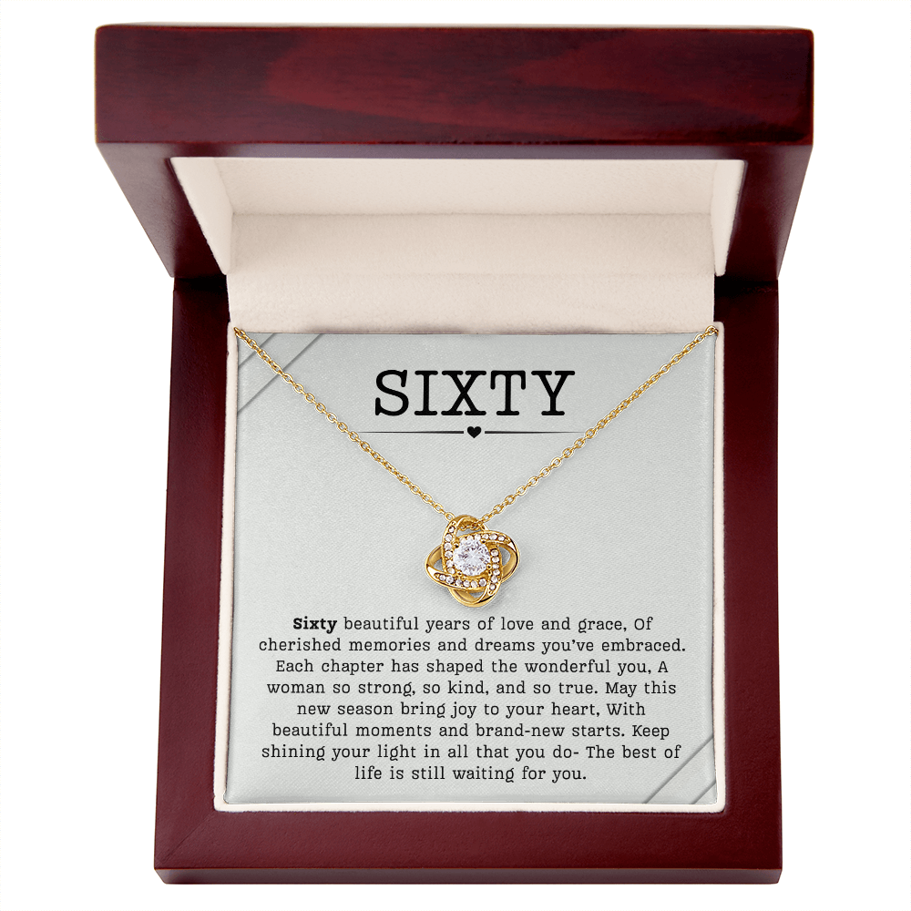 60th Birthday Necklace, Turning 60 Jewelry, Milestone sixty Birthday Gift Love Knot Present