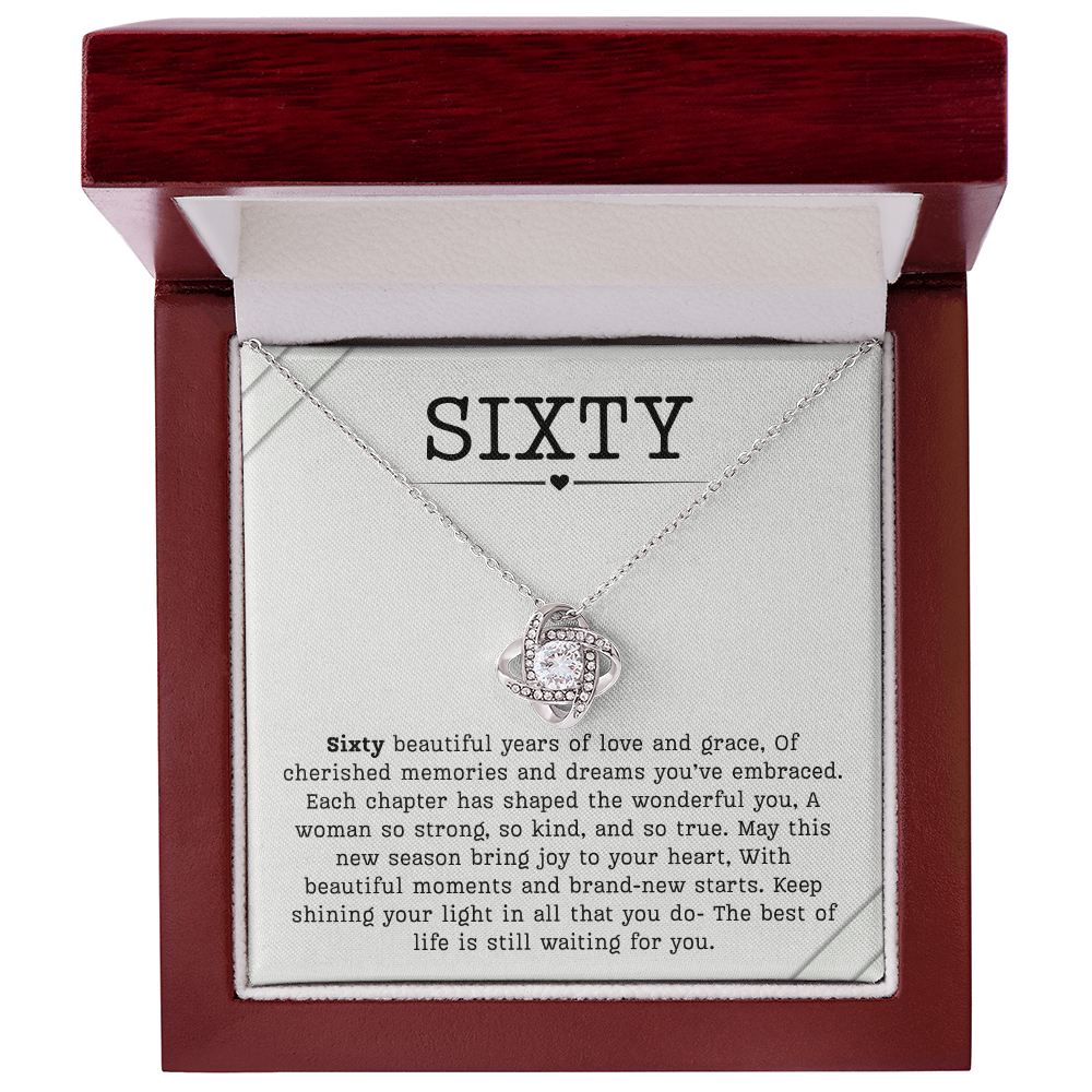 60th Birthday Necklace, Turning 60 Jewelry, Milestone sixty Birthday Gift Love Knot Present