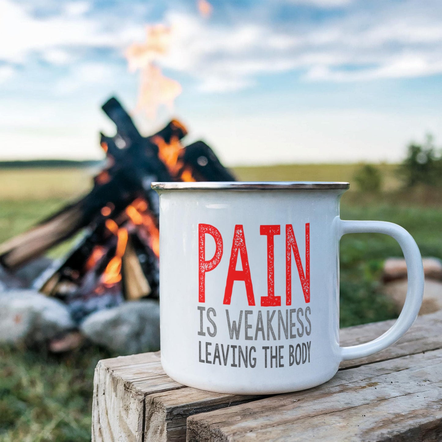 Pain Is weakness Leaving The Body, Inspirational Quotes Coffee Mug -12 oz Stainless Steel Enamel Finish White Camper Coffee Mug