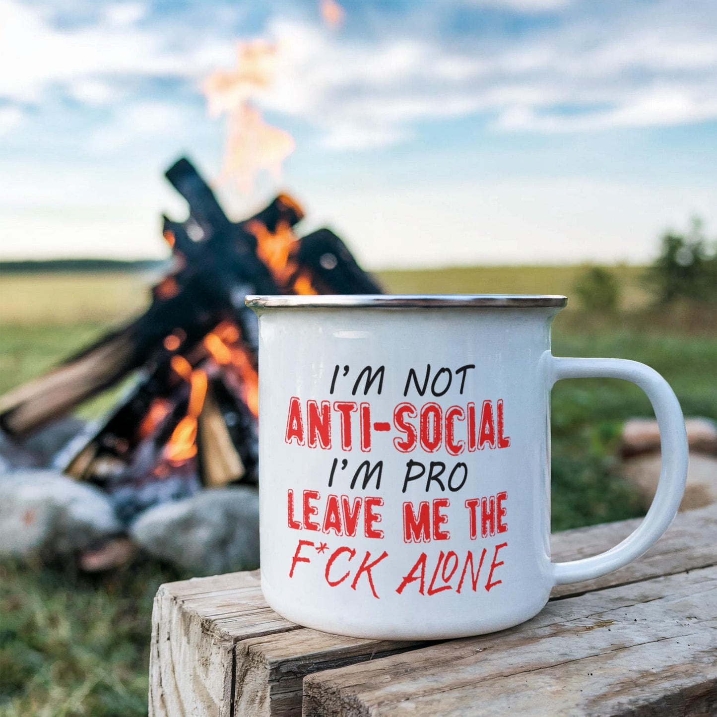 I'm Not Anti- Social I'm Pro Leave Me The F..ck Alone, Introvert Coffee Mug-12 oz Stainless Steel Enamel Finish White Camper Coffee Mug