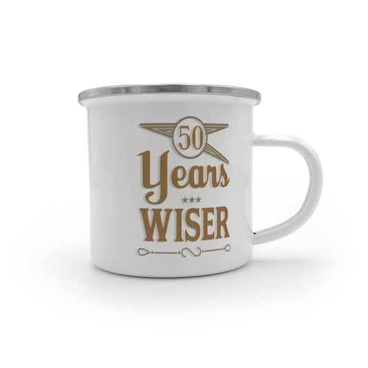 50th Birthday Coffee Mug, for Father, Mother, 50 Years Wiser, Mug For 50th Birthday- 12 oz Stainless Steel Enamel Finish White Camper Coffee Mug