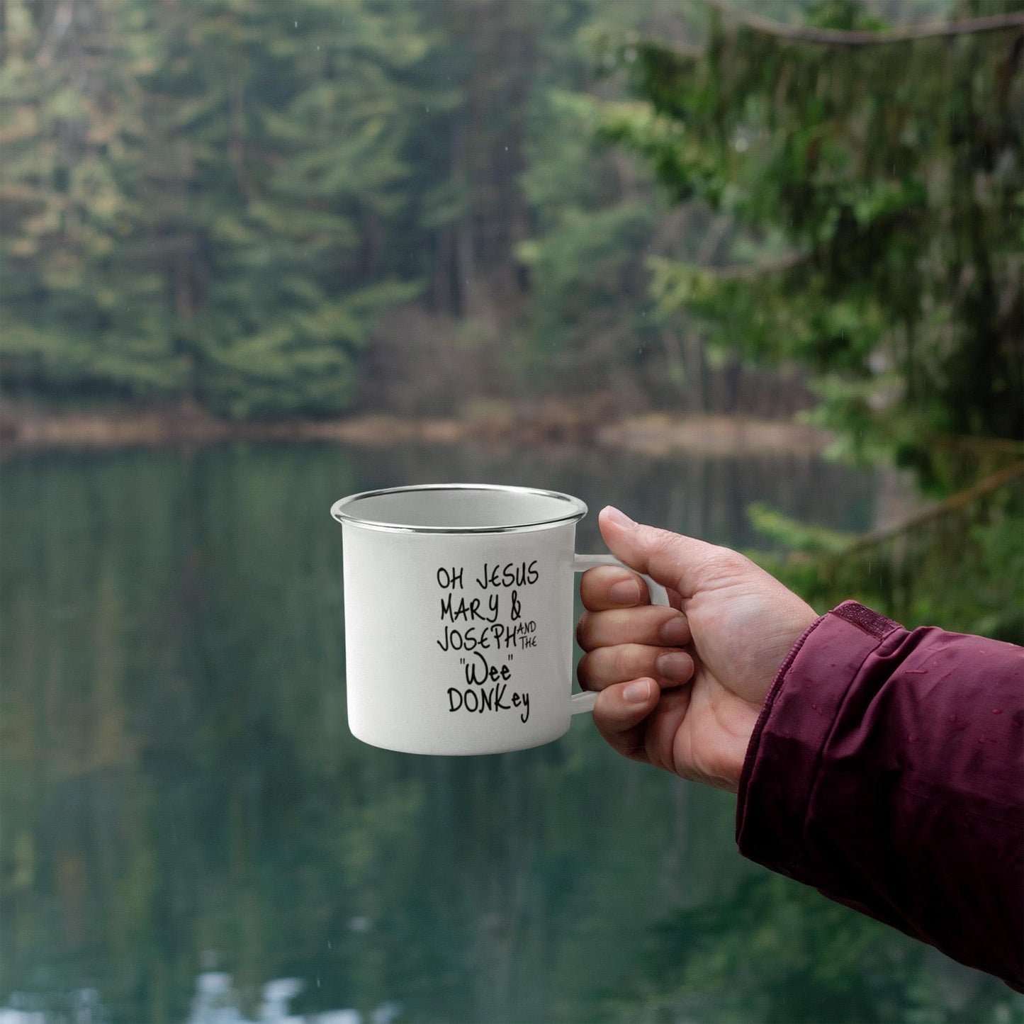 Oh Jesus Mary And Joseph And The Wee Donkey -12 Oz Stainless Steel Enamel Finish White Camper Coffee Mug