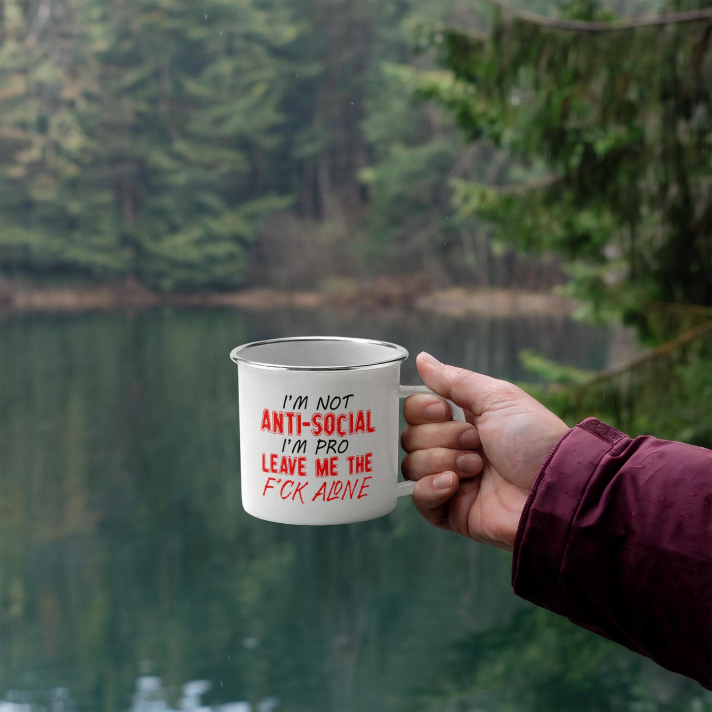I'm Not Anti- Social I'm Pro Leave Me The F..ck Alone, Introvert Coffee Mug-12 oz Stainless Steel Enamel Finish White Camper Coffee Mug