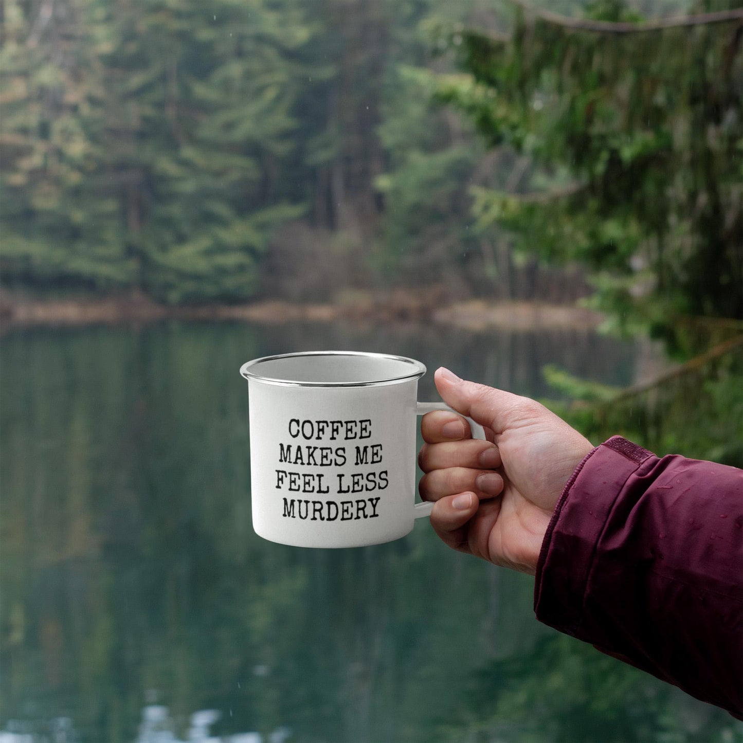 Coffee Addict Mug, Coffee Makes Me Feel Less Murdery, Coffee Lover Mug, Love Coffee -12 Oz Stainless Steel Enamel Finish White Camper Coffee Mug