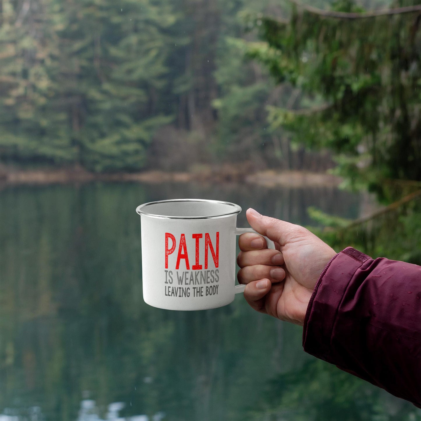 Pain Is weakness Leaving The Body, Inspirational Quotes Coffee Mug -12 oz Stainless Steel Enamel Finish White Camper Coffee Mug