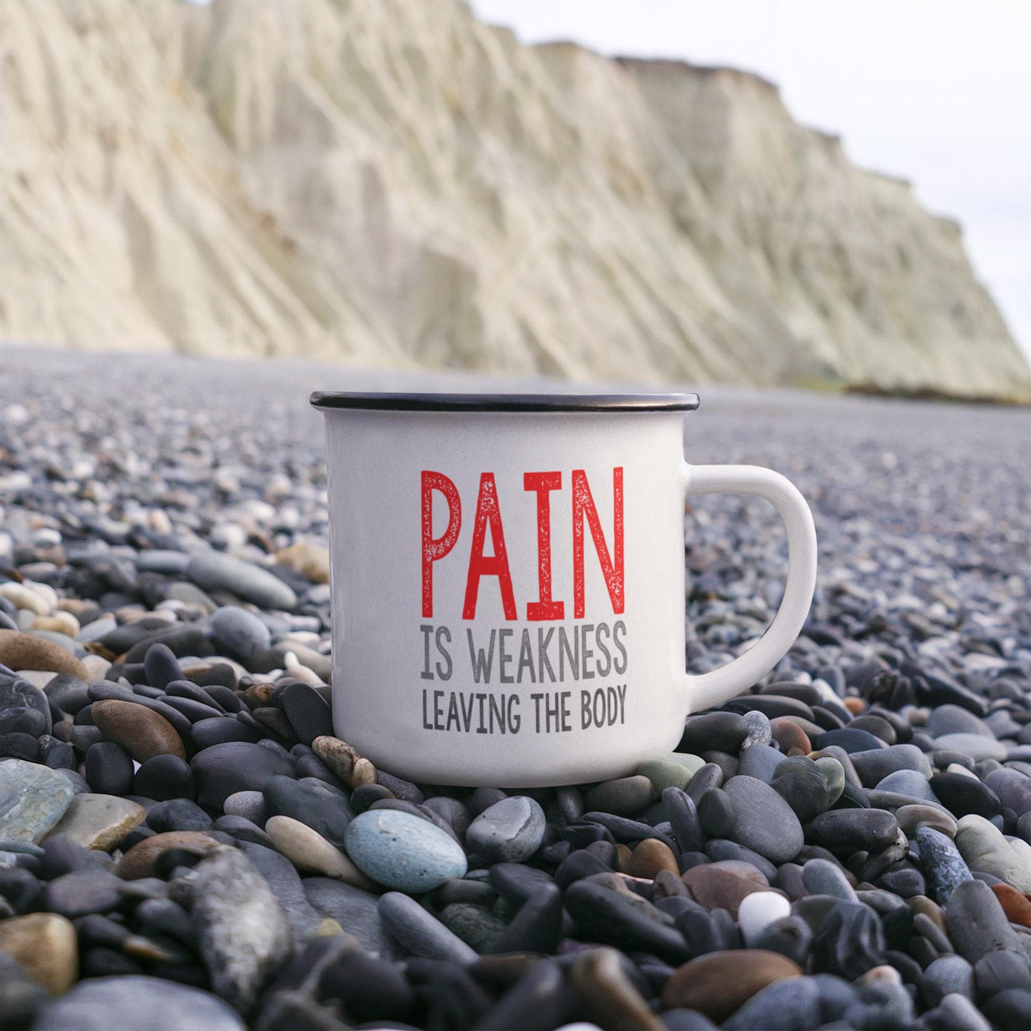 Pain Is weakness Leaving The Body, Inspirational Quotes Coffee Mug -12 oz Stainless Steel Enamel Finish White Camper Coffee Mug