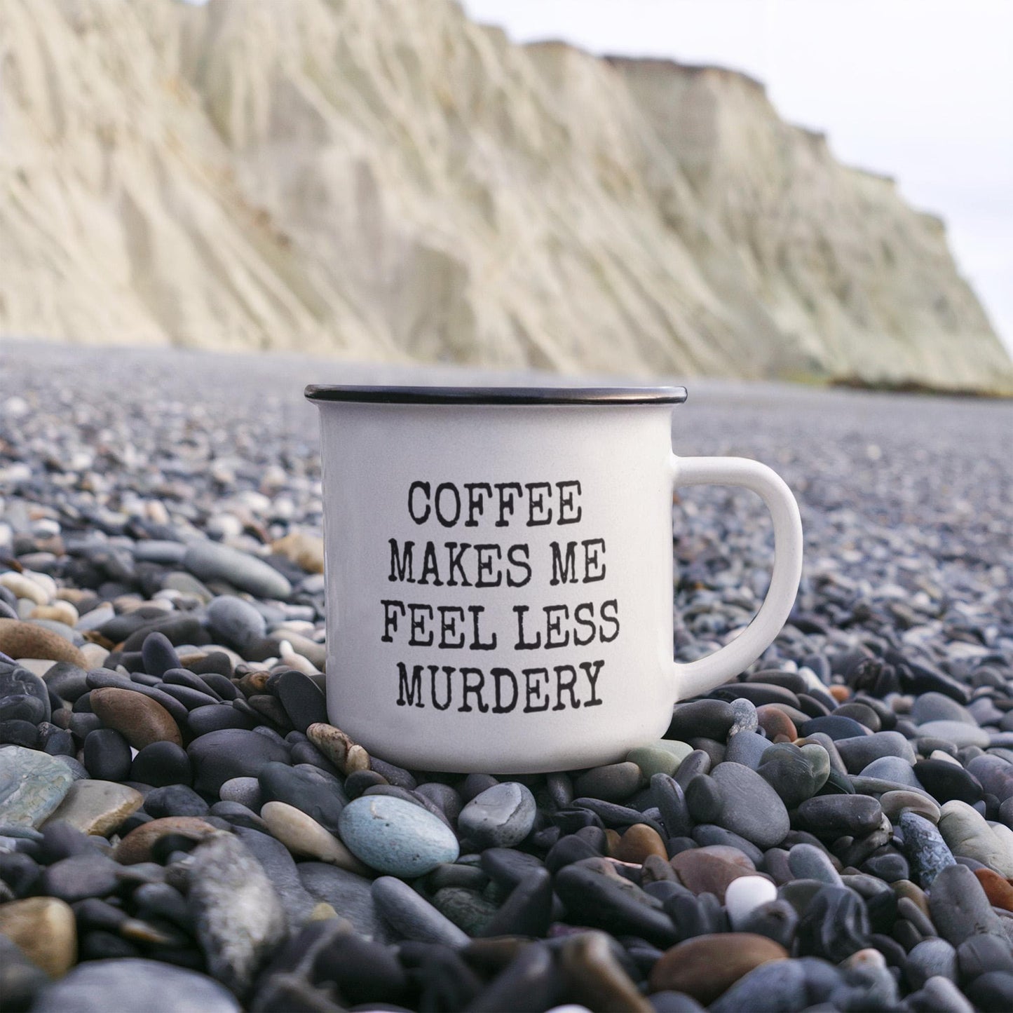 Coffee Addict Mug, Coffee Makes Me Feel Less Murdery, Coffee Lover Mug, Love Coffee -12 Oz Stainless Steel Enamel Finish White Camper Coffee Mug