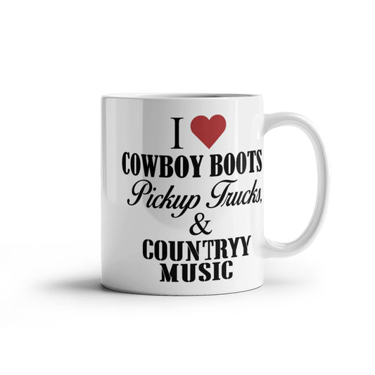 Music Lover Gift Coffee Mug,I Love Cowboy Boots, Pickup Trucks And Country Music-White Porcelain Coffee Mug 11 oz For Father, Brother, Sister, drummer