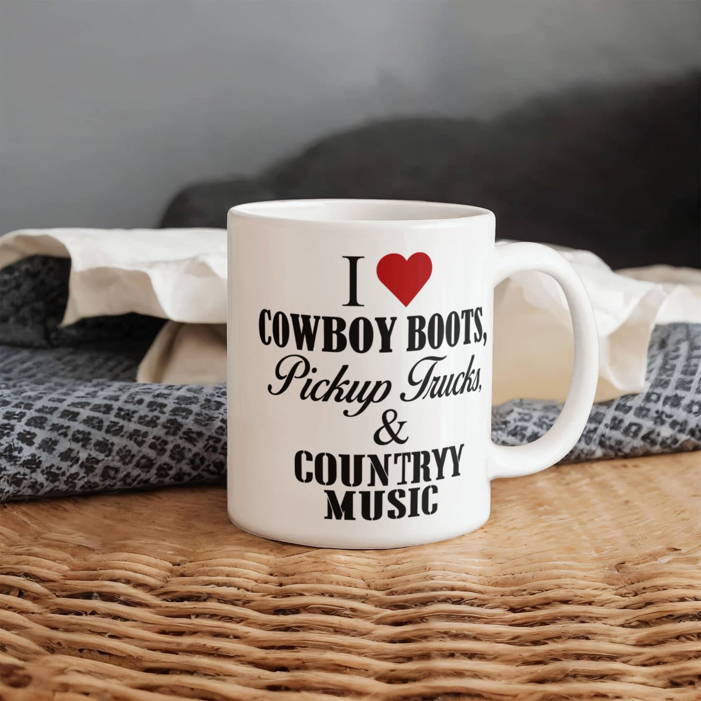 Music Lover Gift Coffee Mug,I Love Cowboy Boots, Pickup Trucks And Country Music-White Porcelain Coffee Mug 11 oz For Father, Brother, Sister, drummer