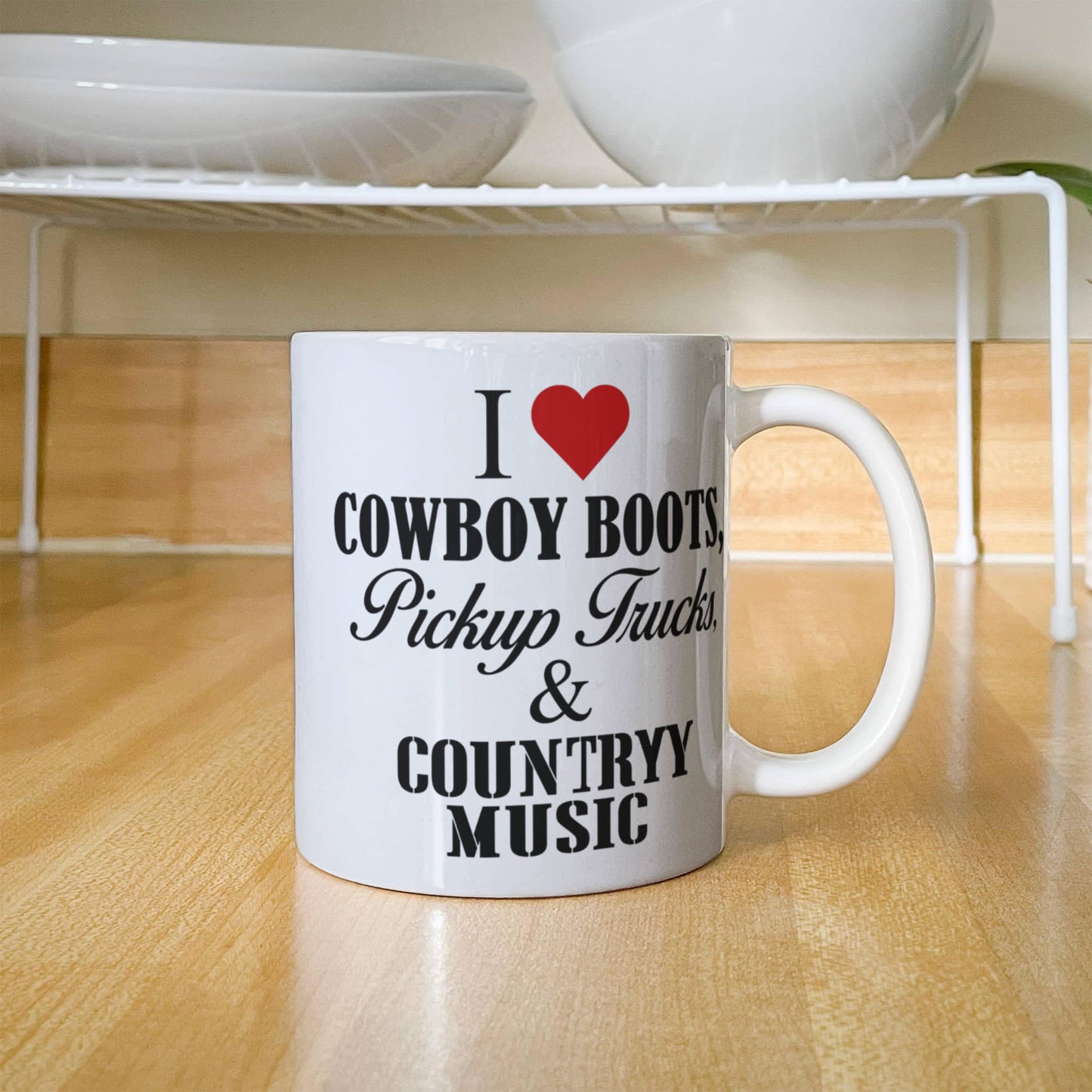 Music Lover Gift Coffee Mug,I Love Cowboy Boots, Pickup Trucks And Country Music-White Porcelain Coffee Mug 11 oz For Father, Brother, Sister, drummer