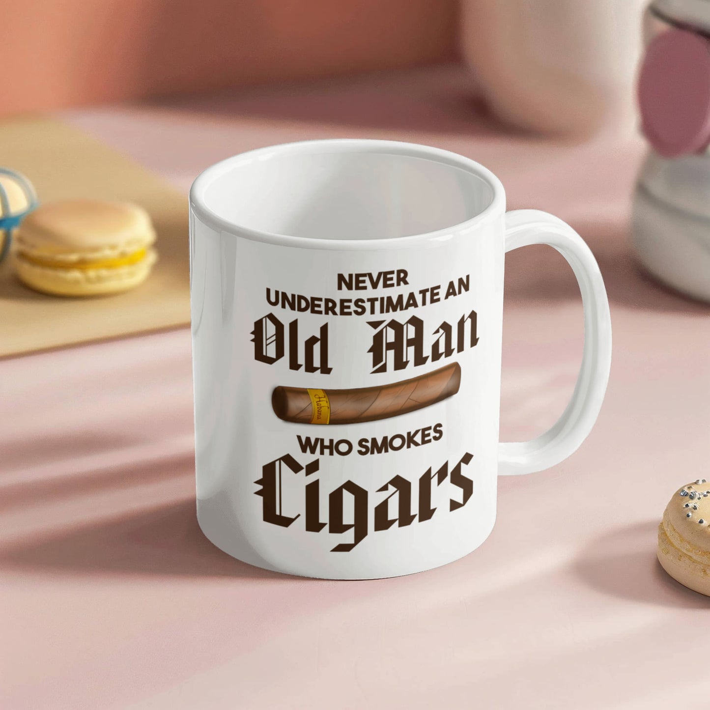 I Smoke Cigar Coffee mug, Never Underestimate An Old Man Who Smokes Cigars-White Porcelain Coffee Mug 11 oz