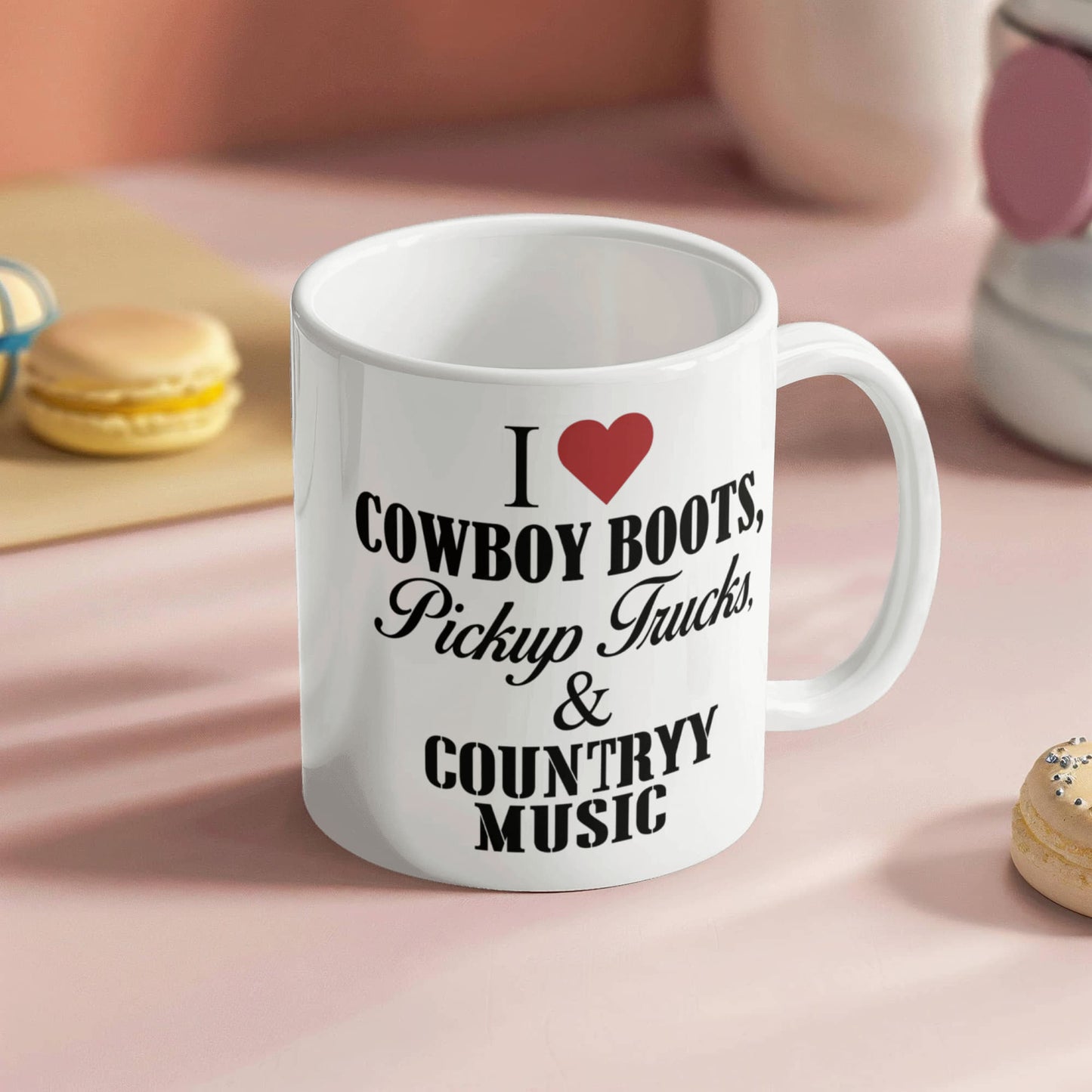 Music Lover Gift Coffee Mug,I Love Cowboy Boots, Pickup Trucks And Country Music-White Porcelain Coffee Mug 11 oz For Father, Brother, Sister, drummer