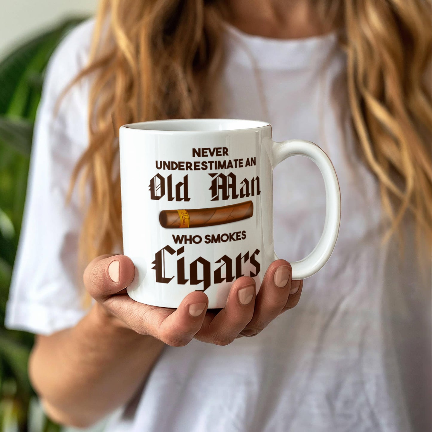 I Smoke Cigar Coffee mug, Never Underestimate An Old Man Who Smokes Cigars-White Porcelain Coffee Mug 11 oz