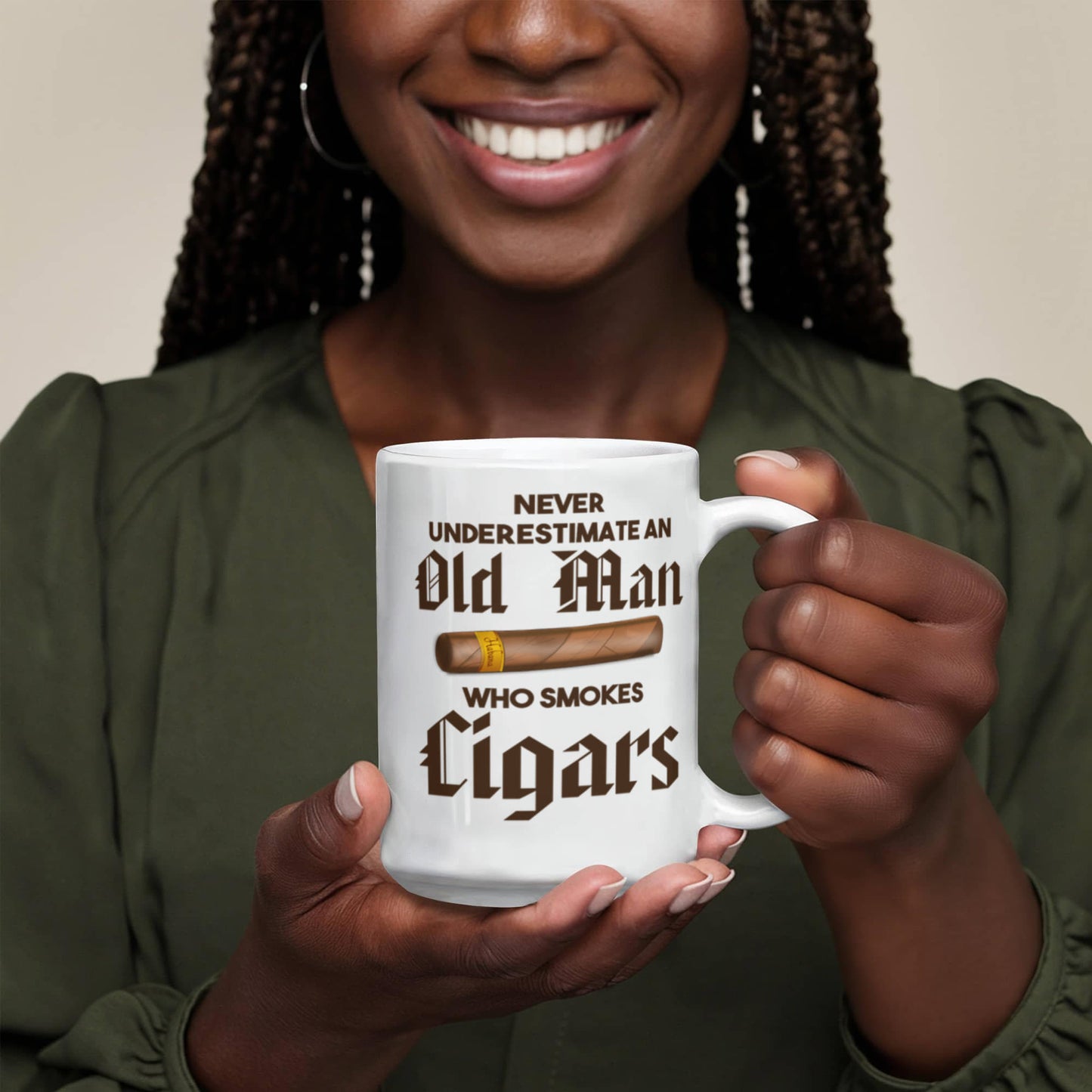 I Smoke Cigar Coffee mug, Never Underestimate An Old Man Who Smokes Cigars-White Porcelain Coffee Mug 11 oz