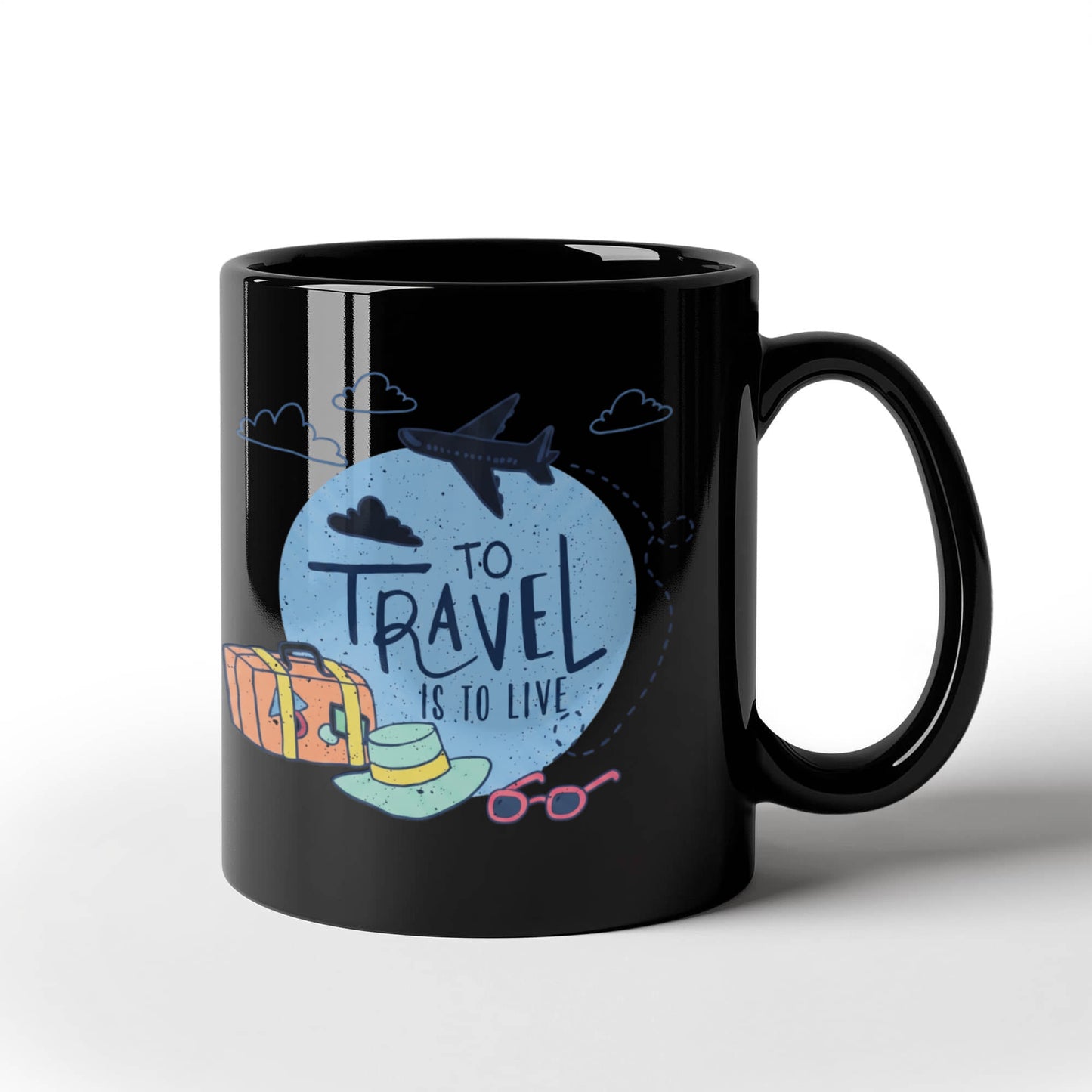 Travelling Lovers Mugs, To travel is to live - Funny Black Porcelain Coffee 11 oz