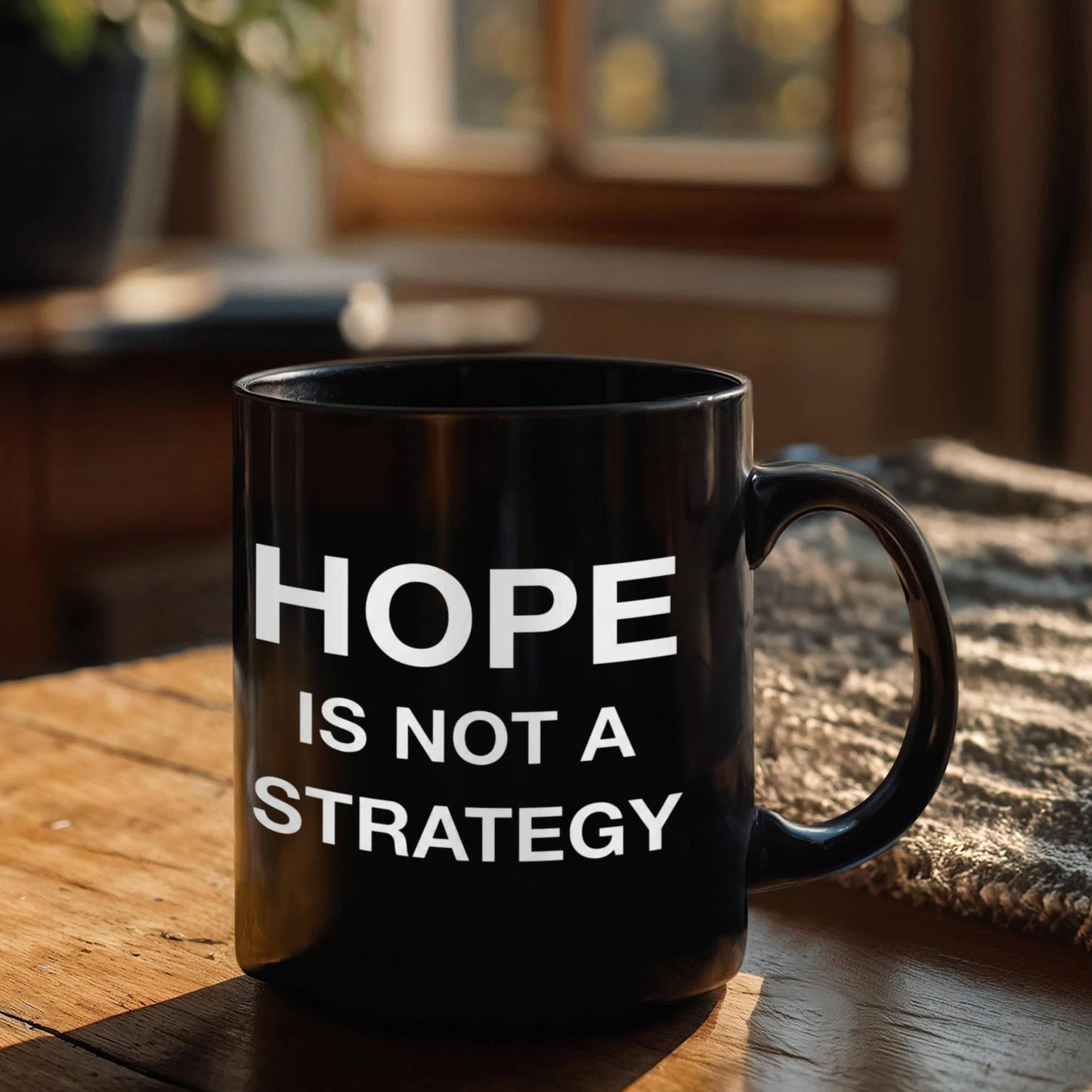 Hope is not a Strategy - Funny Black Porcelain Coffee Mug Cute Ceramic Cup 11 oz