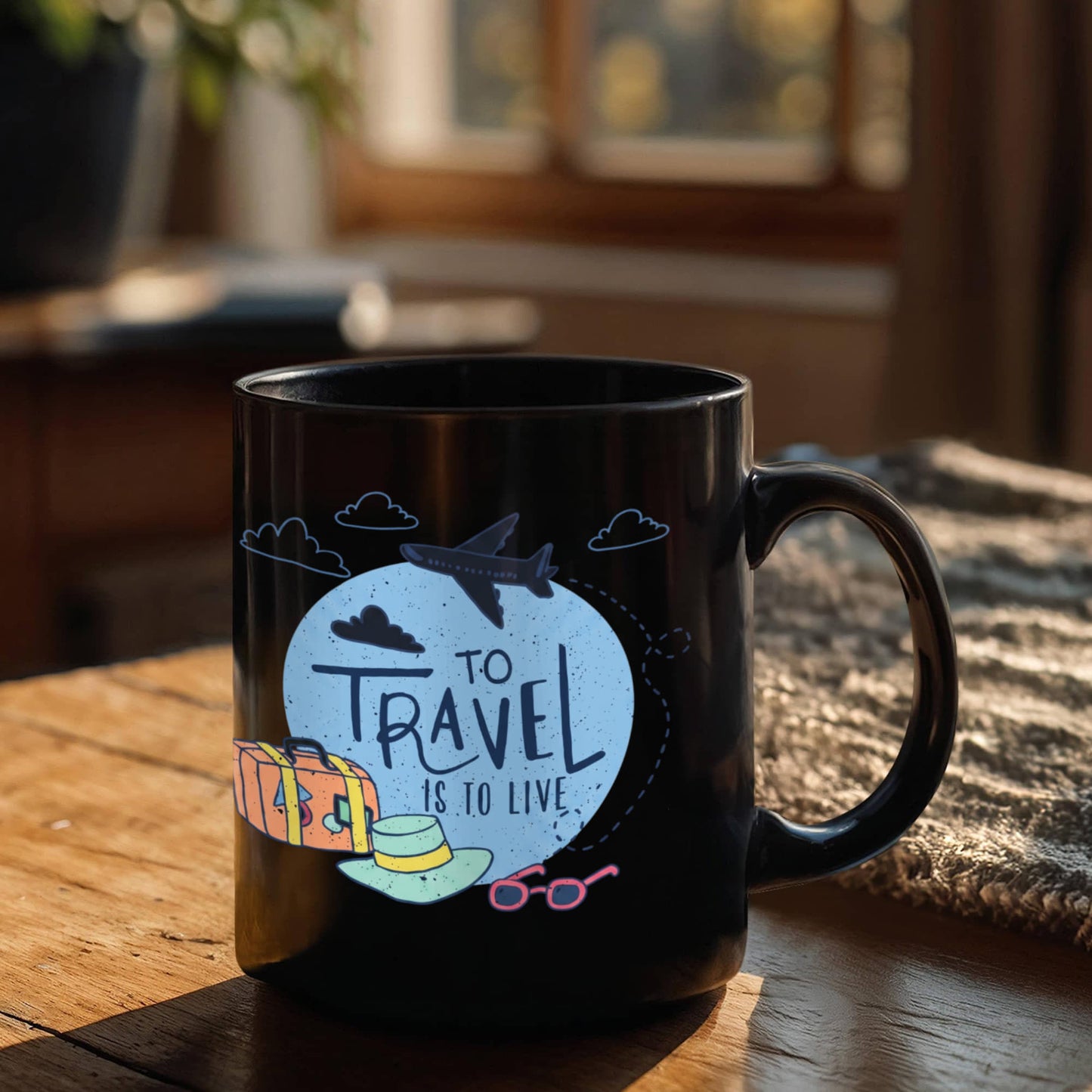 Travelling Lovers Mugs, To travel is to live - Funny Black Porcelain Coffee 11 oz