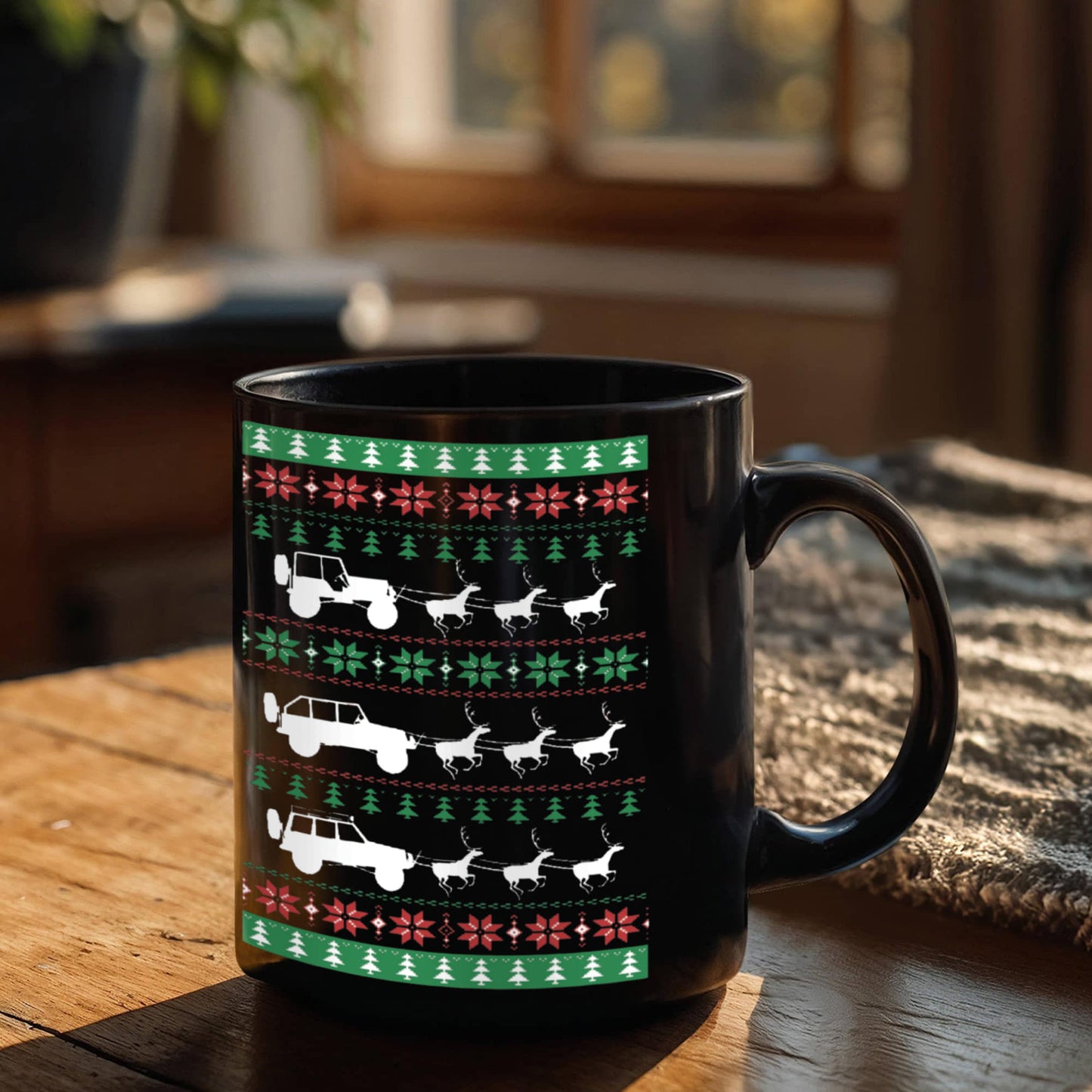 Gifts for Christmas, Christmas Jeep Carts - Black Coffee Mug Porcelain Tea Cup 11 oz - Great Gift
