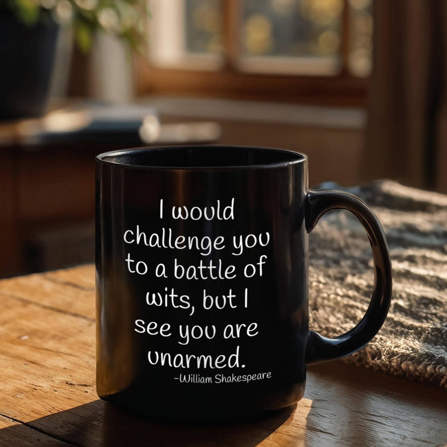 I would challenge you to a battle of wits, but i see you are unarmed- black porcelain coffee mug 11 oz funny quotes coffee mug