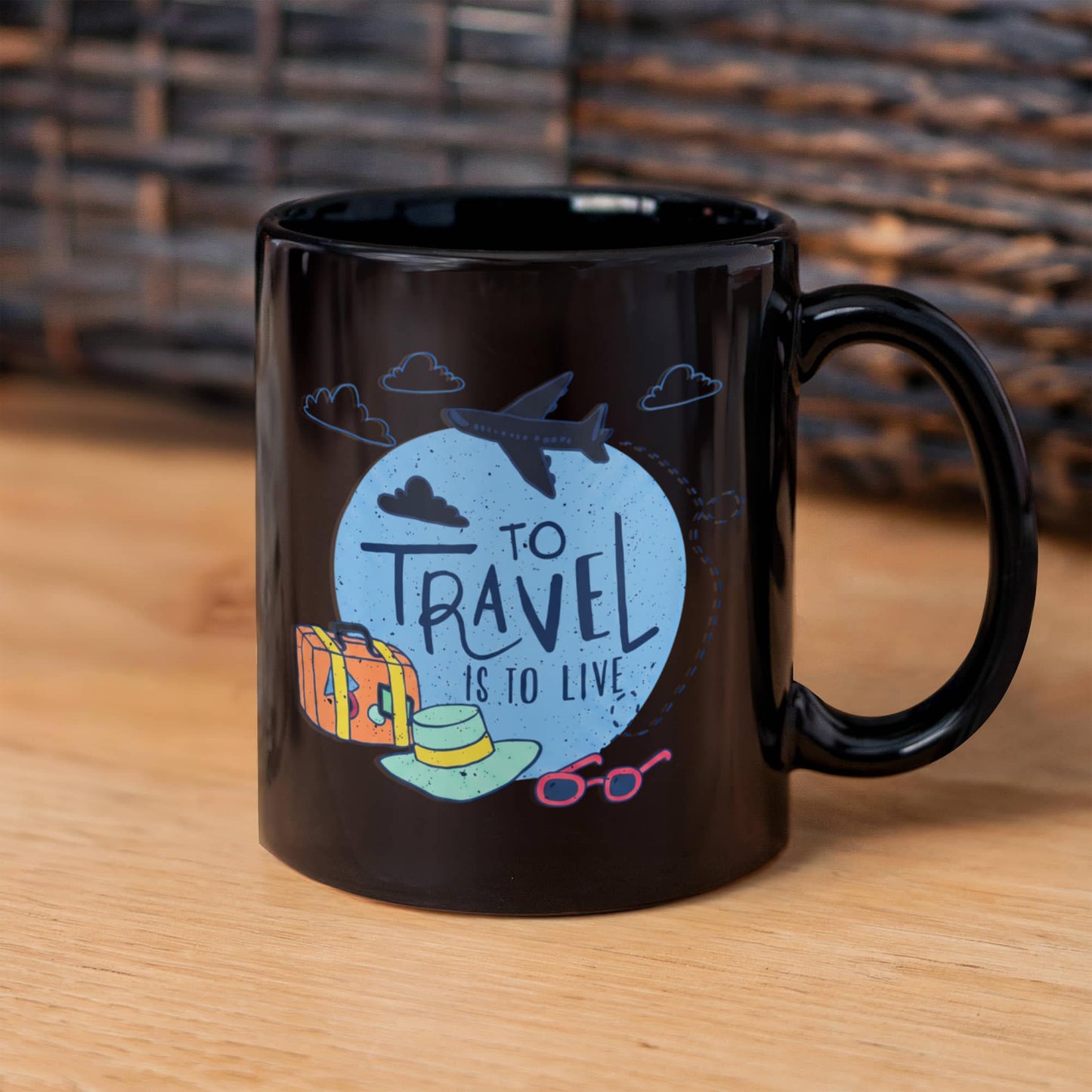 Travelling Lovers Mugs, To travel is to live - Funny Black Porcelain Coffee 11 oz