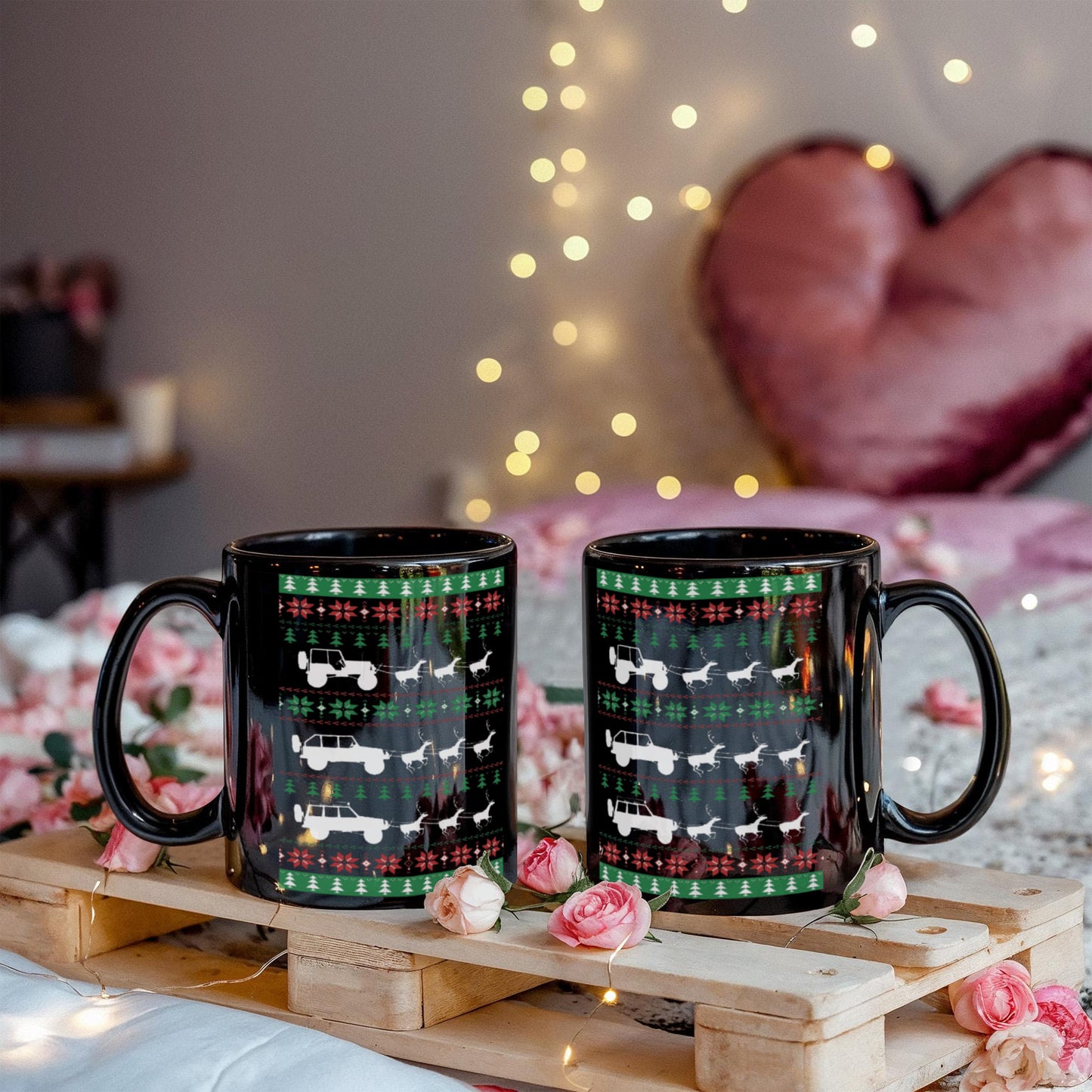 Gifts for Christmas, Christmas Jeep Carts - Black Coffee Mug Porcelain Tea Cup 11 oz - Great Gift