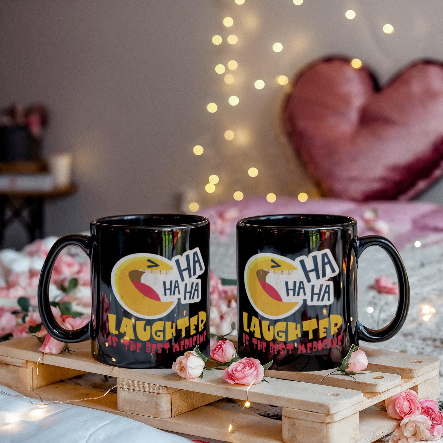 Laughing Lovers Mugs, Laughter is the best medicine - Funny Black Porcelain Coffee 11 oz