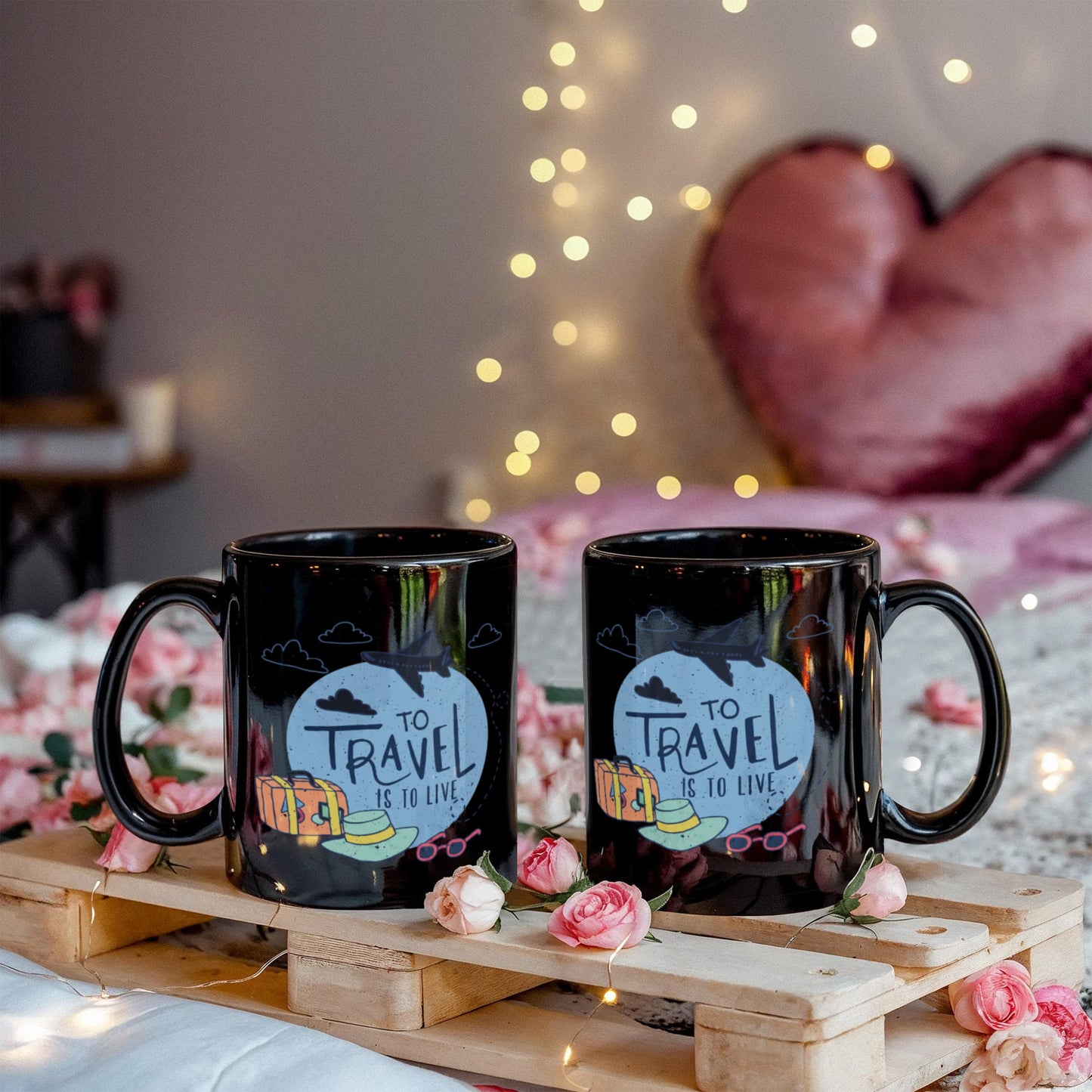 Travelling Lovers Mugs, To travel is to live - Funny Black Porcelain Coffee 11 oz