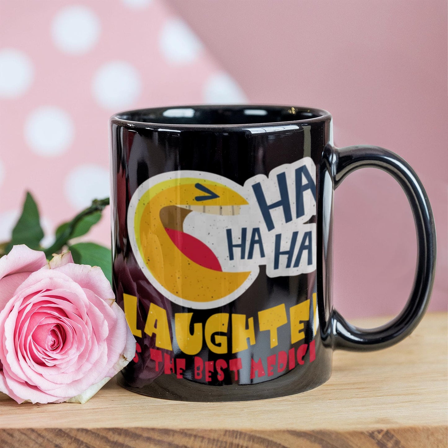 Laughing Lovers Mugs, Laughter is the best medicine - Funny Black Porcelain Coffee 11 oz
