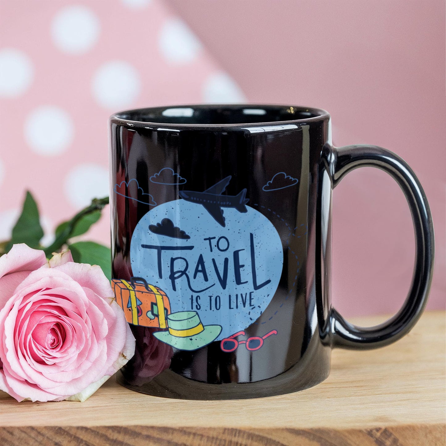 Travelling Lovers Mugs, To travel is to live - Funny Black Porcelain Coffee 11 oz
