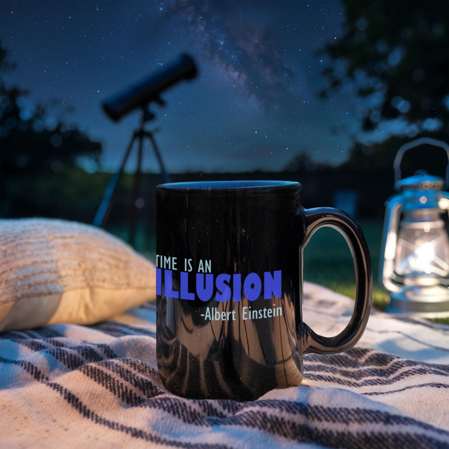 Time Is An Illusion -Albert Einstein- Black Porcelain Coffee Mug 15 oz