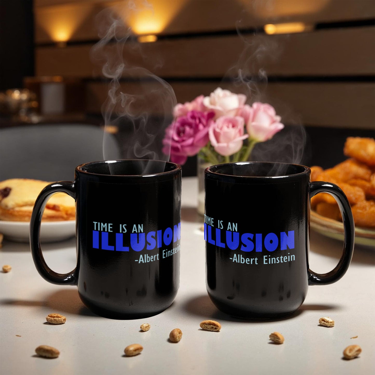 Time Is An Illusion -Albert Einstein- Black Porcelain Coffee Mug 15 oz