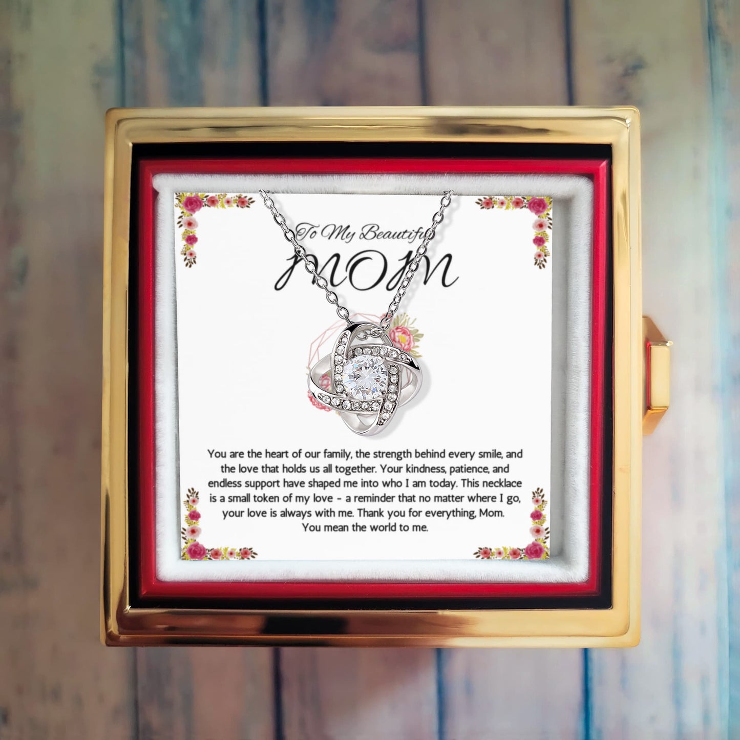 To my Mom Gift Necklace, Mothers Day Gift Necklace, Love Knot with Rotating Rose Gift Box, Moms Birthday, Gift from Son, Daughter, Mothers Day Jewelry