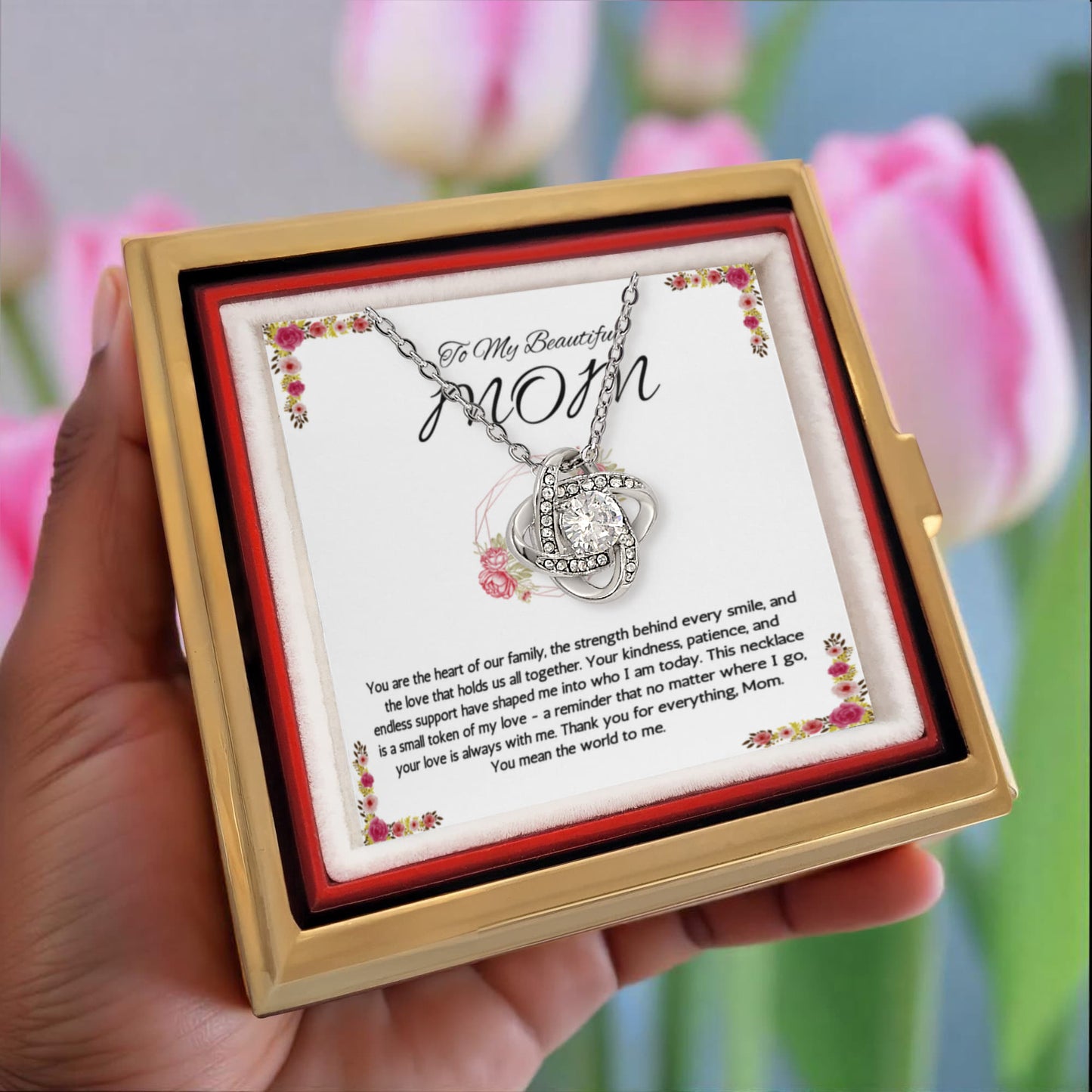 To my Mom Gift Necklace, Mothers Day Gift Necklace, Love Knot with Rotating Rose Gift Box, Moms Birthday, Gift from Son, Daughter, Mothers Day Jewelry