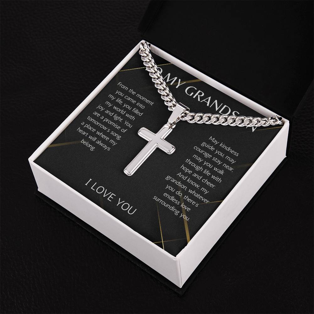 Grandson Cross Necklace wit Cuban Chain Jewelry for Grandson From Grandma Grandpa Birthday Graduation Christmas Gift Grandparent