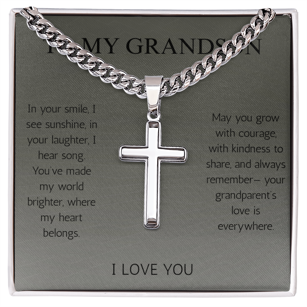 To My Grandson Cross Necklace Cuban Chain for Grandson From Grandma Grandpa Nana Graduation Birthday Christmas Gift Cross with Cuban Chain