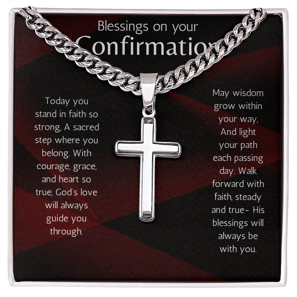 Confirmation Gift for Boys or Men Cross Cuban Chain Necklace with Sentimental Message for Son, Grandson, Nephew, Brother