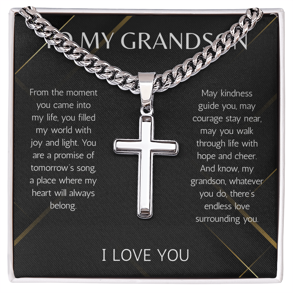 Grandson Cross Necklace wit Cuban Chain Jewelry for Grandson From Grandma Grandpa Birthday Graduation Christmas Gift Grandparent