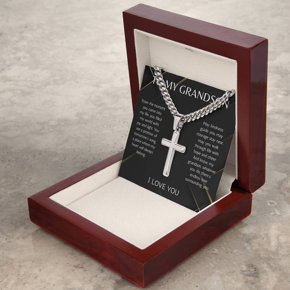 Grandson Cross Necklace wit Cuban Chain Jewelry for Grandson From Grandma Grandpa Birthday Graduation Christmas Gift Grandparent