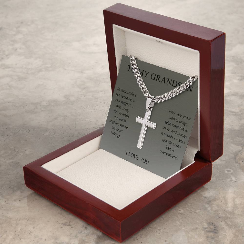 To My Grandson Cross Necklace Cuban Chain for Grandson From Grandma Grandpa Nana Graduation Birthday Christmas Gift Cross with Cuban Chain
