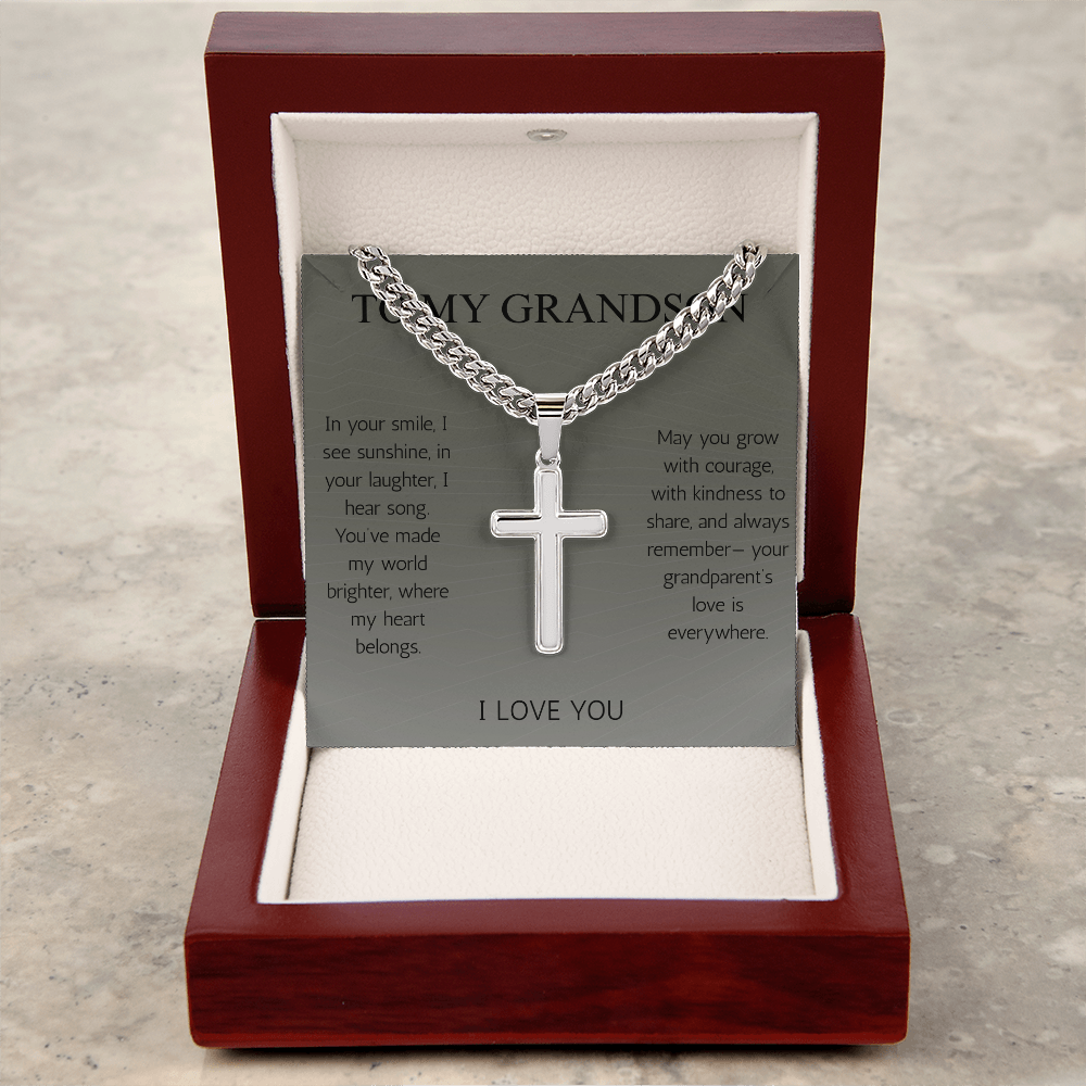 To My Grandson Cross Necklace Cuban Chain for Grandson From Grandma Grandpa Nana Graduation Birthday Christmas Gift Cross with Cuban Chain