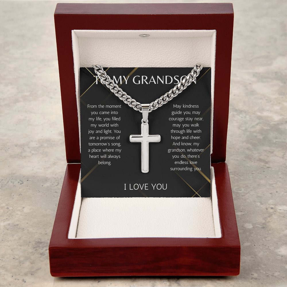 Grandson Cross Necklace wit Cuban Chain Jewelry for Grandson From Grandma Grandpa Birthday Graduation Christmas Gift Grandparent