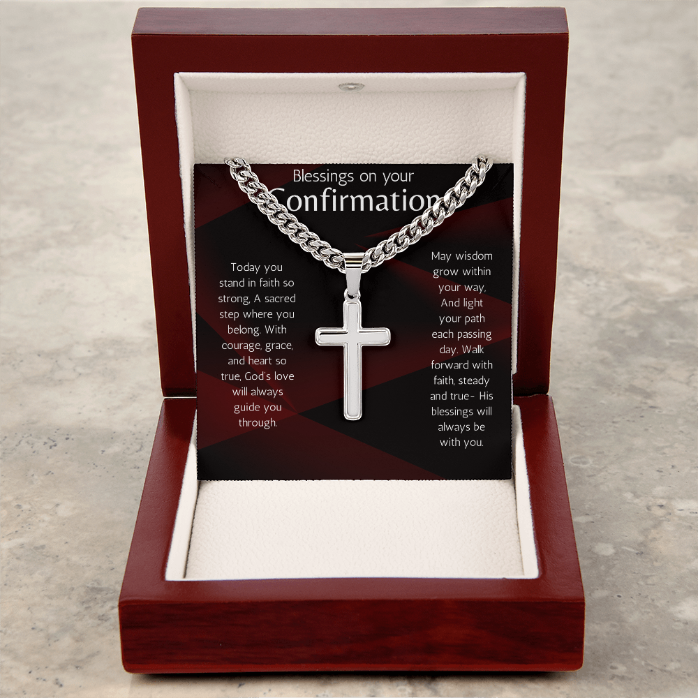 Confirmation Gift for Boys or Men Cross Cuban Chain Necklace with Sentimental Message for Son, Grandson, Nephew, Brother