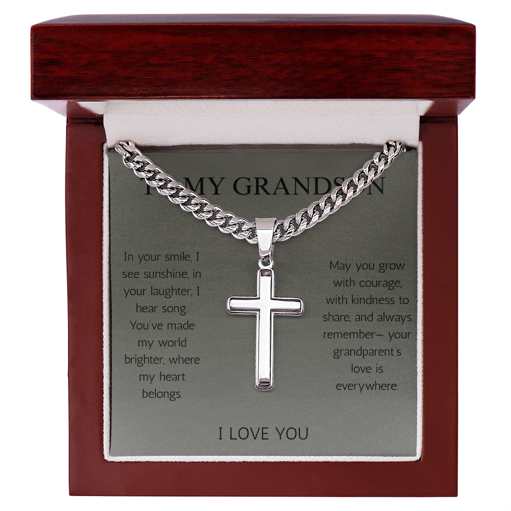 To My Grandson Cross Necklace Cuban Chain for Grandson From Grandma Grandpa Nana Graduation Birthday Christmas Gift Cross with Cuban Chain