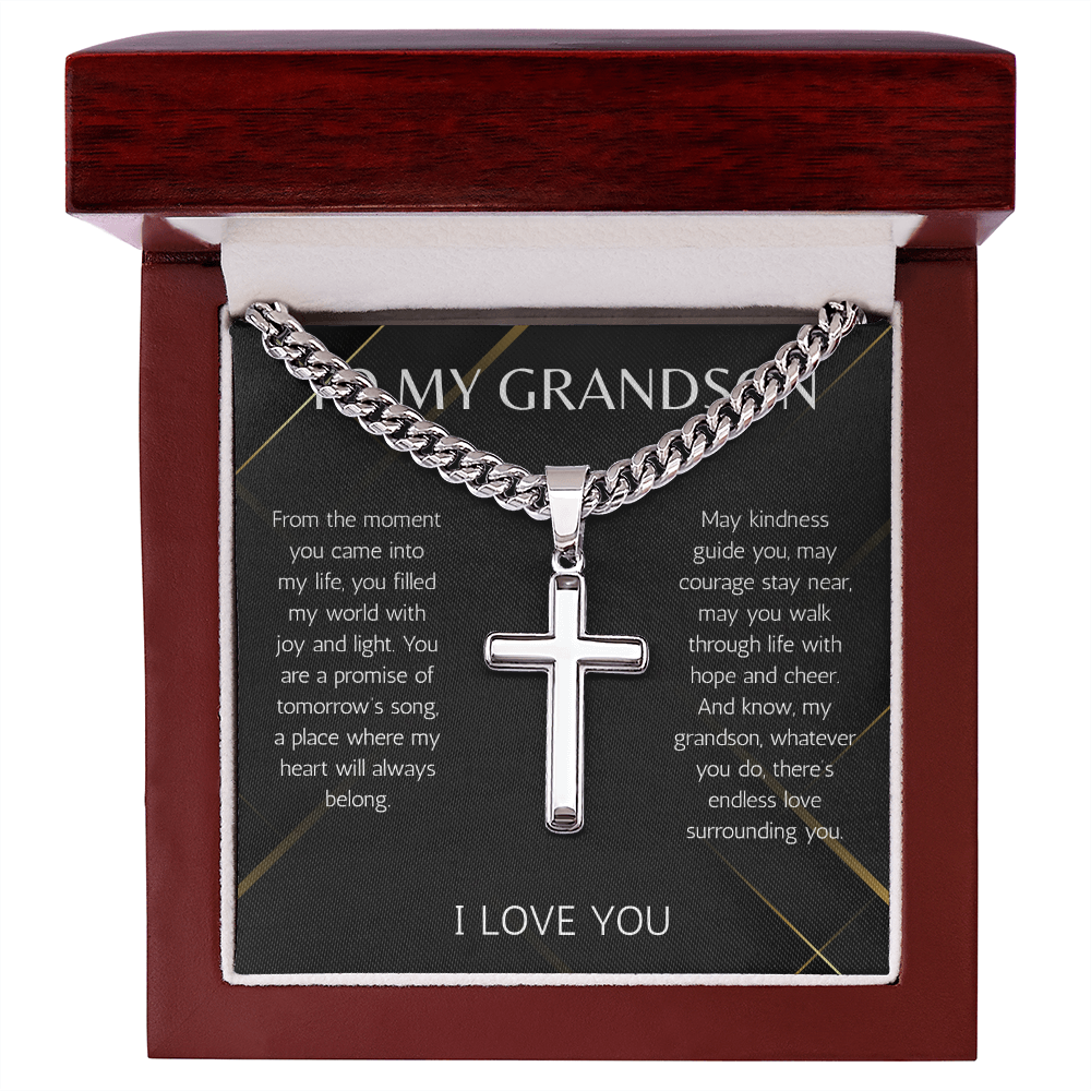 Grandson Cross Necklace wit Cuban Chain Jewelry for Grandson From Grandma Grandpa Birthday Graduation Christmas Gift Grandparent