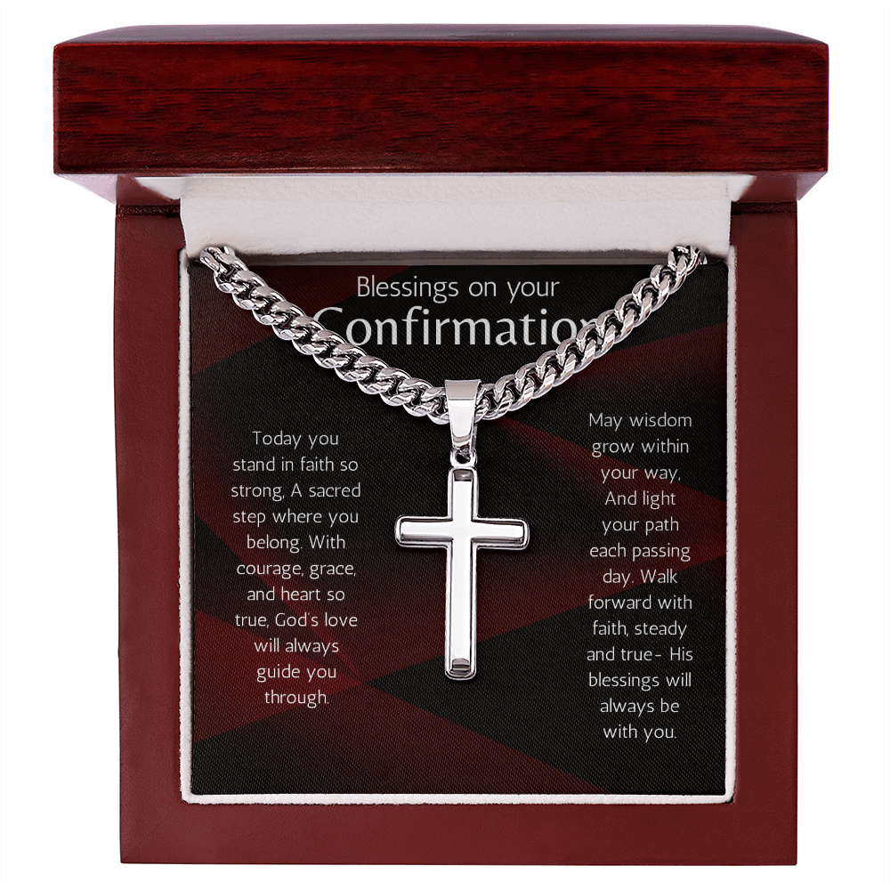 Confirmation Gift for Boys or Men Cross Cuban Chain Necklace with Sentimental Message for Son, Grandson, Nephew, Brother