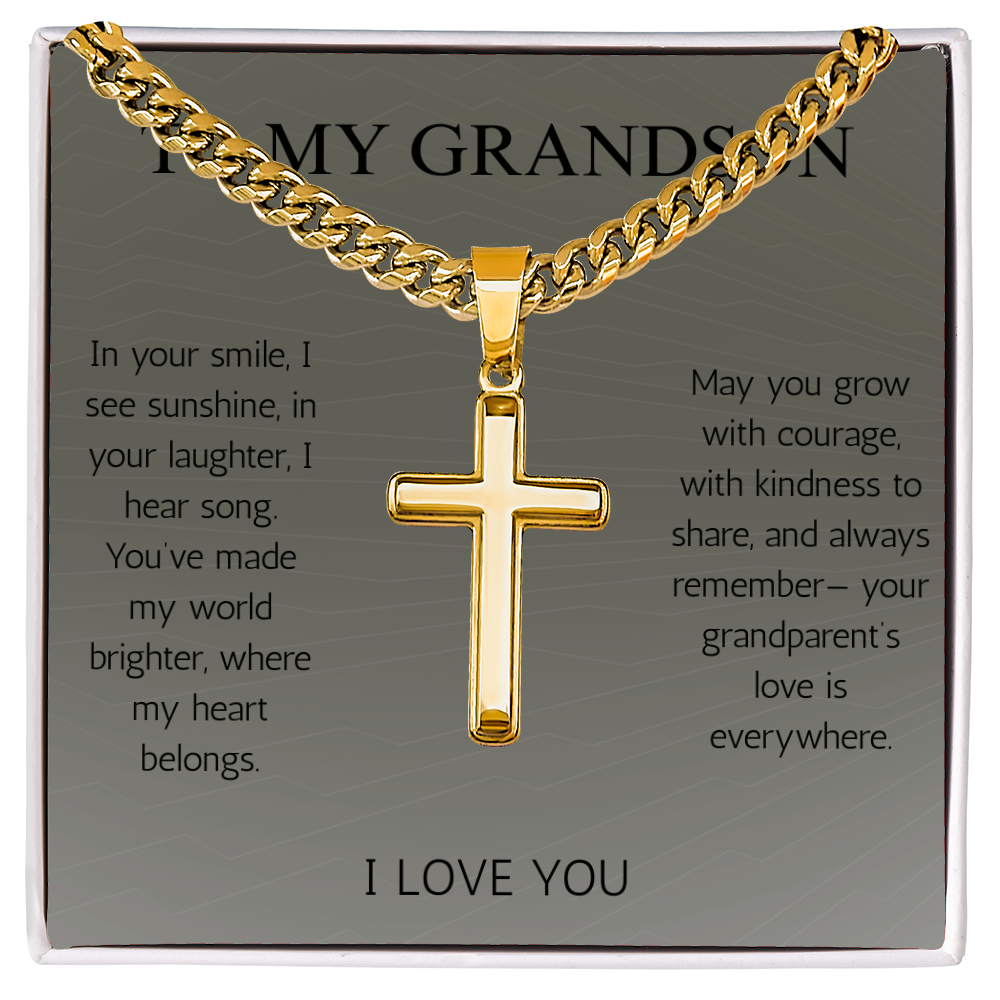 To My Grandson Cross Necklace Cuban Chain for Grandson From Grandma Grandpa Nana Graduation Birthday Christmas Gift Cross with Cuban Chain