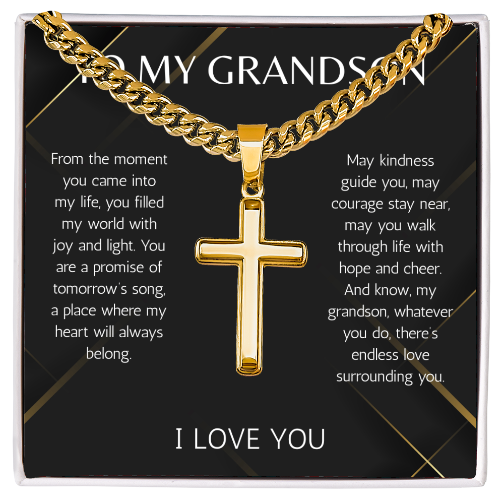 Grandson Cross Necklace wit Cuban Chain Jewelry for Grandson From Grandma Grandpa Birthday Graduation Christmas Gift Grandparent