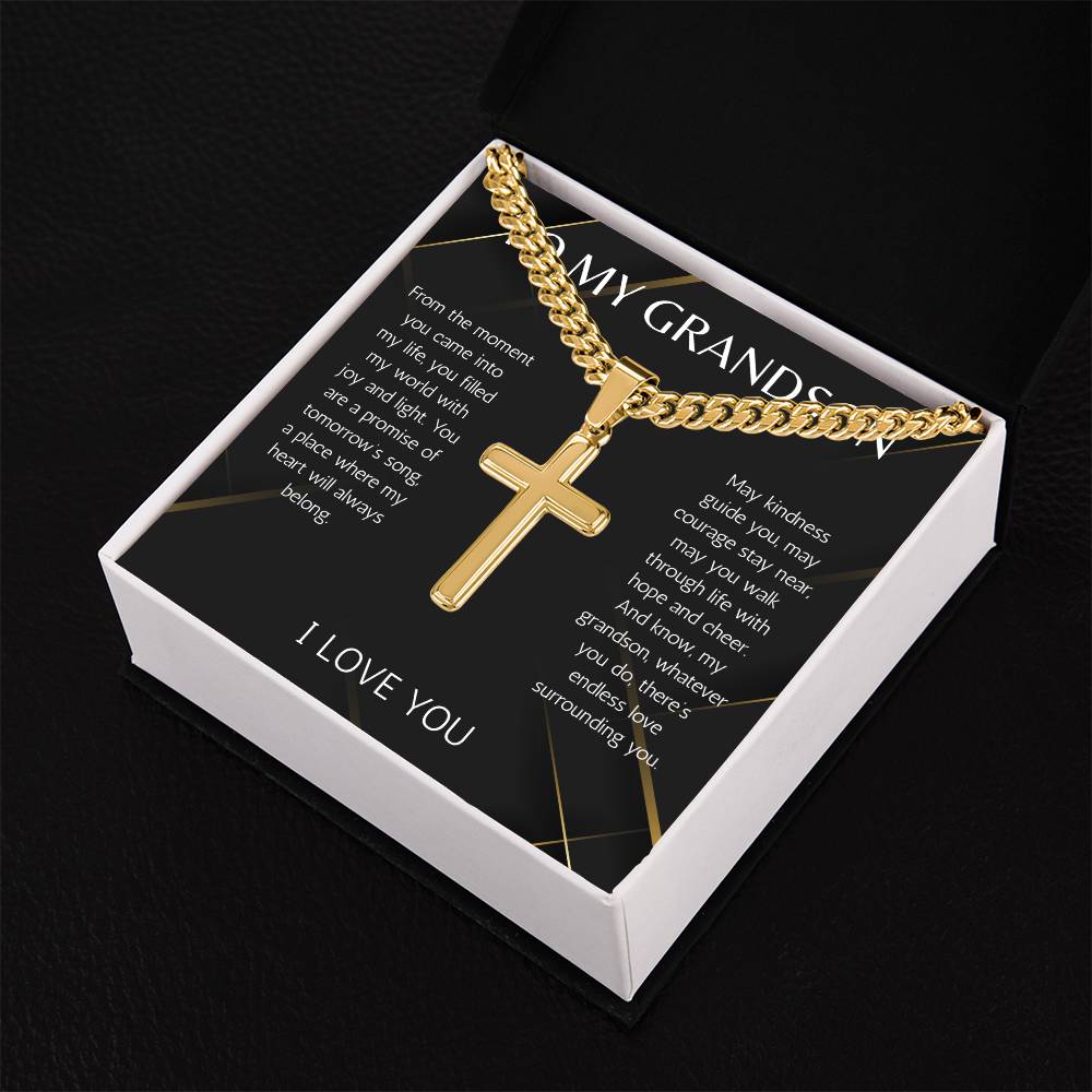 Grandson Cross Necklace wit Cuban Chain Jewelry for Grandson From Grandma Grandpa Birthday Graduation Christmas Gift Grandparent